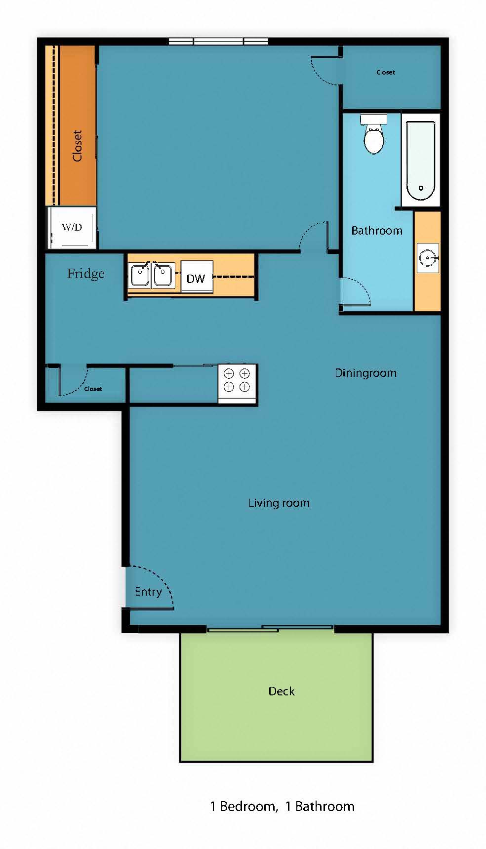 Floor plan for 1 bed, 1 bath, 650 sqft